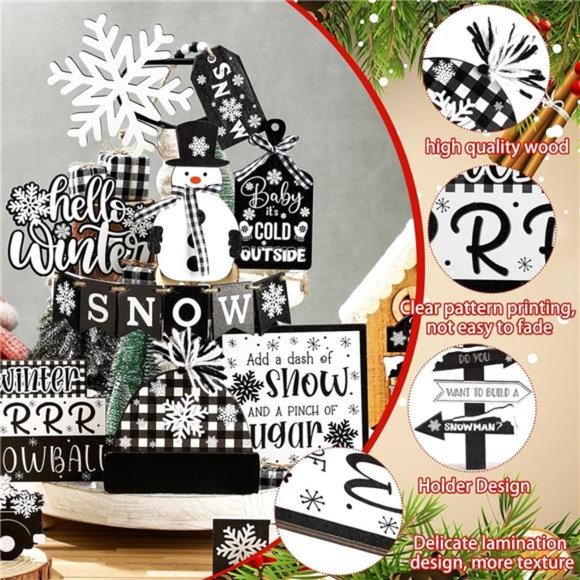 Christmas Tiered Tray Winter Decorations Set (Black and White Plaid) - Picture 6 of 6